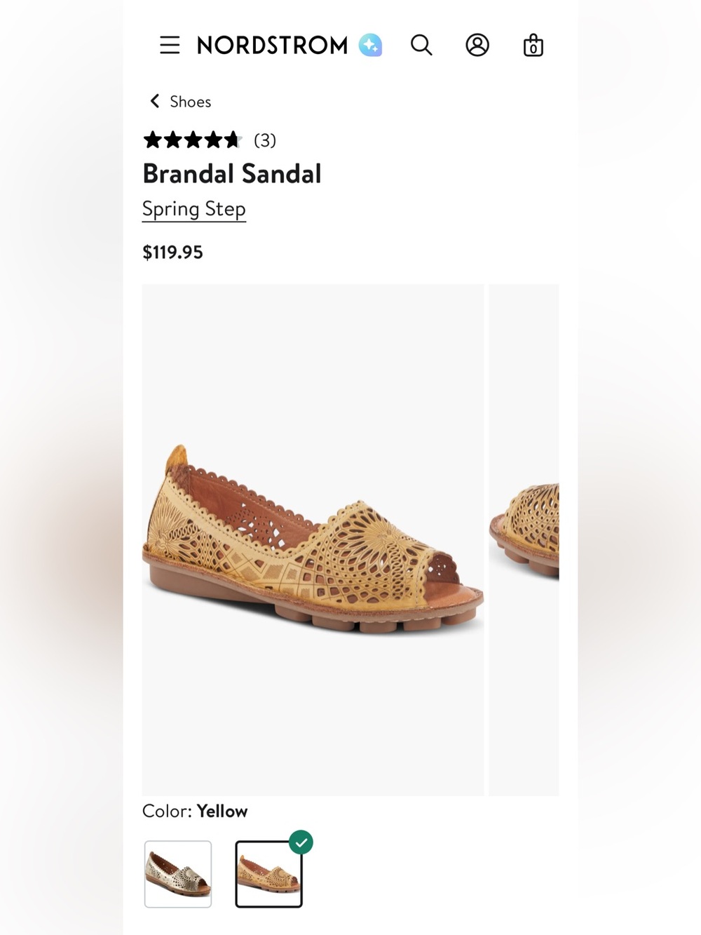 Spring Step Brandal Peep-Toe Laser-Cut Sandal in Yellow